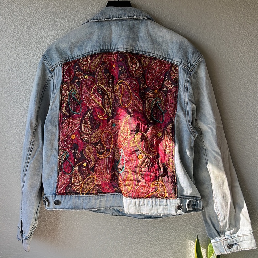 Free People Paisley Quilted Patchwork Denim Jean Jacket size M/L